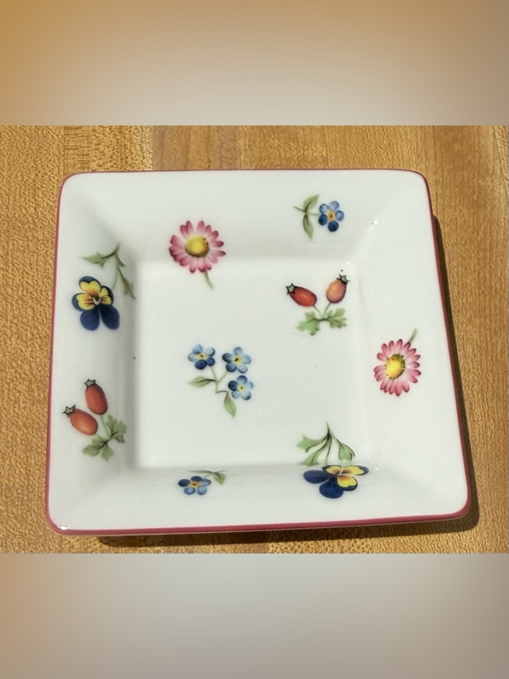 Villeroy & Boch White Porcelain Tray with Pink Rim & Multicolor Floral Motif